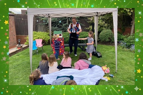 party entertainer magic live rabbit kids party Magic Stuart performing live children’s magic show with Snowy the real magic rabbit at a Derby birthday party
